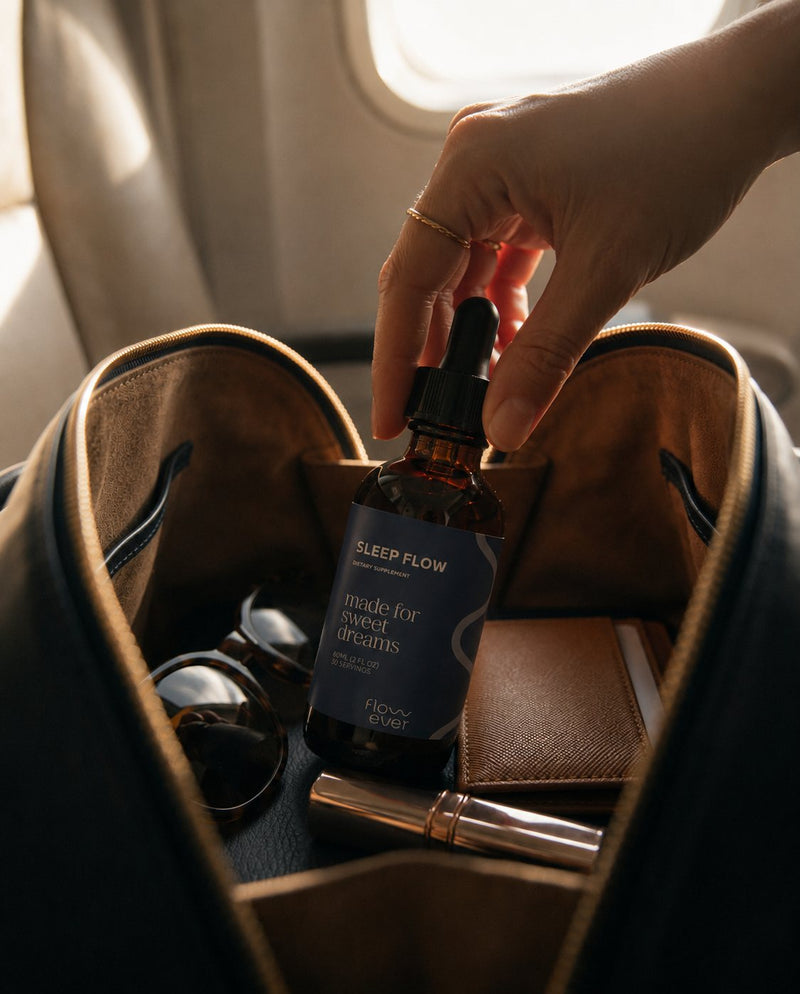 Hand reaching for a bottle of Flowever Sleep Flow in a travel bag on an airplane