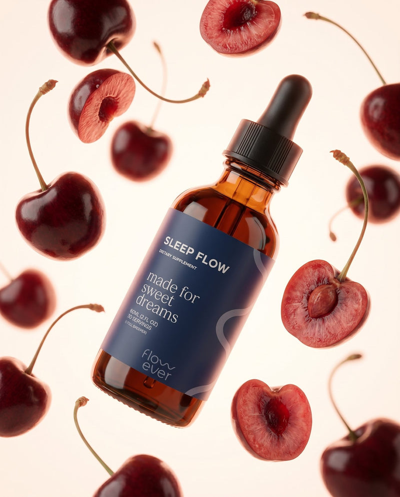Flowever Sleep Flow bottle surrounded by tart cherries