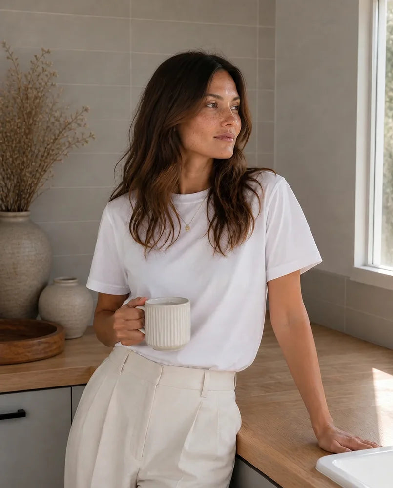 Relaxed woman smiling at home in white clothes