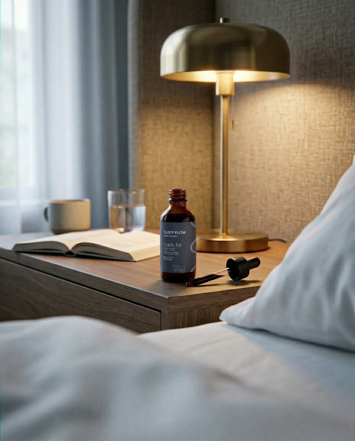 Sleep Flow drops on a bedside table next to an open book and a softly lit brass lamp in a dim bedroom