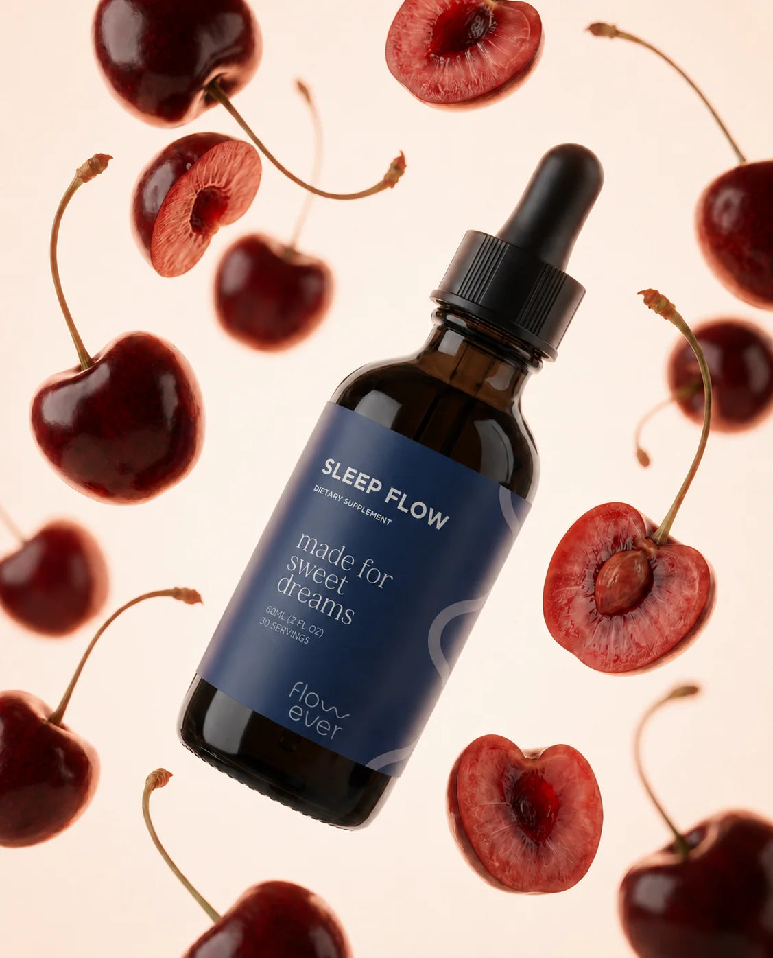 Flowever Sleep Flow bottle surrounded by tart cherries, a natural ingredient for sleep